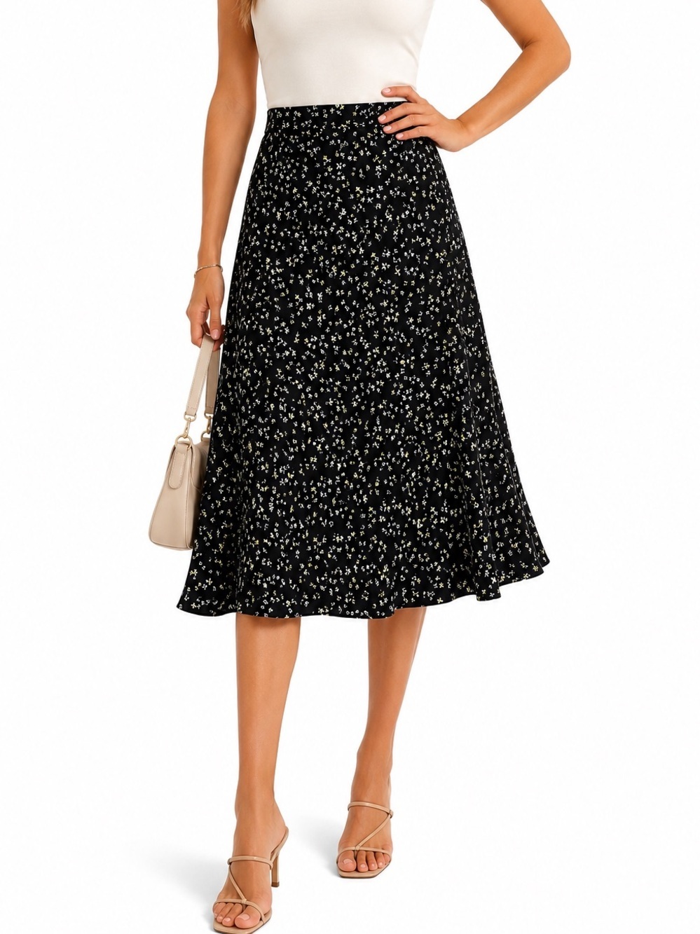 Bar III Floral Midi A-Line Skirt Black Size 8 Side Zip